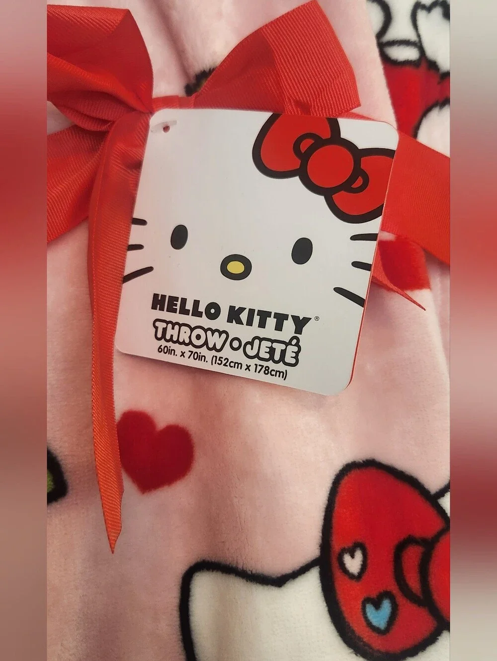 Hello Kitty Pink Plush Blanket Throw with Red Apple Heart Accents 60x70in
